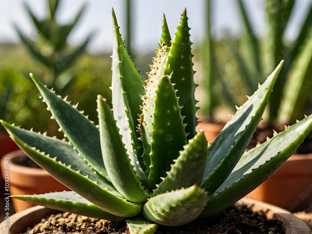 Fototapeta premium A lush aloe vera photographed at close range in a home garden
