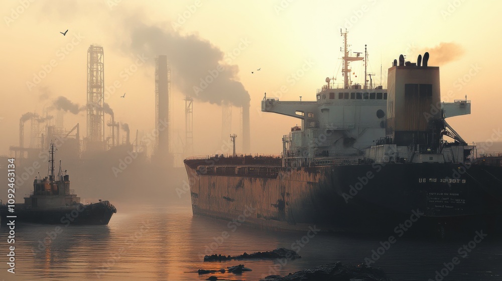 Fototapeta premium Large cargo ship in a hazy port, industrial and rugged, maritime and trade scene.