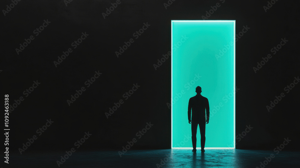 Obraz premium man stands in front of glowing turquoise door, creating mysterious atmosphere. contrast between dark surroundings and vibrant light evokes curiosity and intrigue
