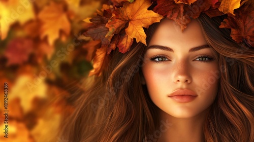 Young woman with autumn leaves crown amid fall foliage background. Generative AI