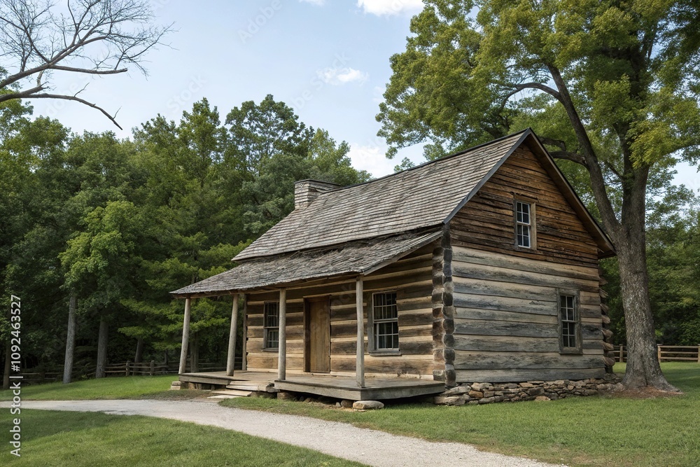 Wooden log cabin with a weathered roof and trees in the background, natural, landscape, forest, rustic cabin, weathered wood Wooden log cabin with a weathered roof and trees in the background, natural, landscape, forest, rustic cabin, weathered wood