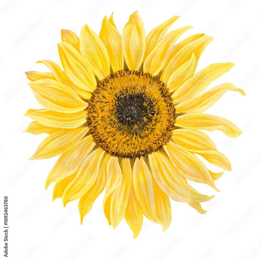 Obraz premium watercolor drawing yellow flower of sunflower isolated at white background, hand drawn illustration