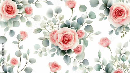 Wallpaper Mural Watercolor Seamless Pattern of Pink Roses and Eucalyptus Leaves Torontodigital.ca