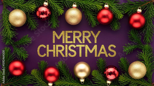 Merry christmas greeting card with balls leaves decorations