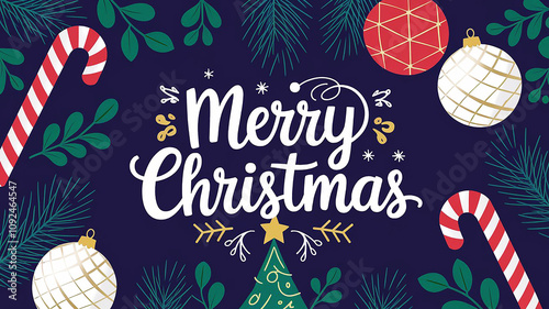 Merry christmas decoration illustrations christmas balls christmas green tree leaves on purple background