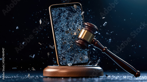 gavel smashing smartphone symbolizes clash between technology and law, showcasing impact of legal decisions on modern devices photo