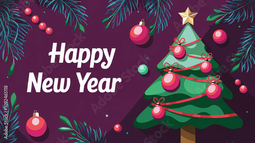 Christmas card with christmas tree and decorations christmas ball star