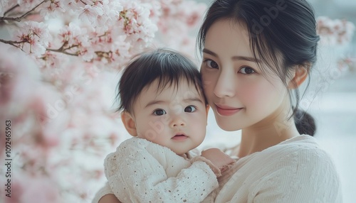 Mother and child taking photos in front of the cherry tree, mother and baby, mother and child taking a walk looking at the cherry tree