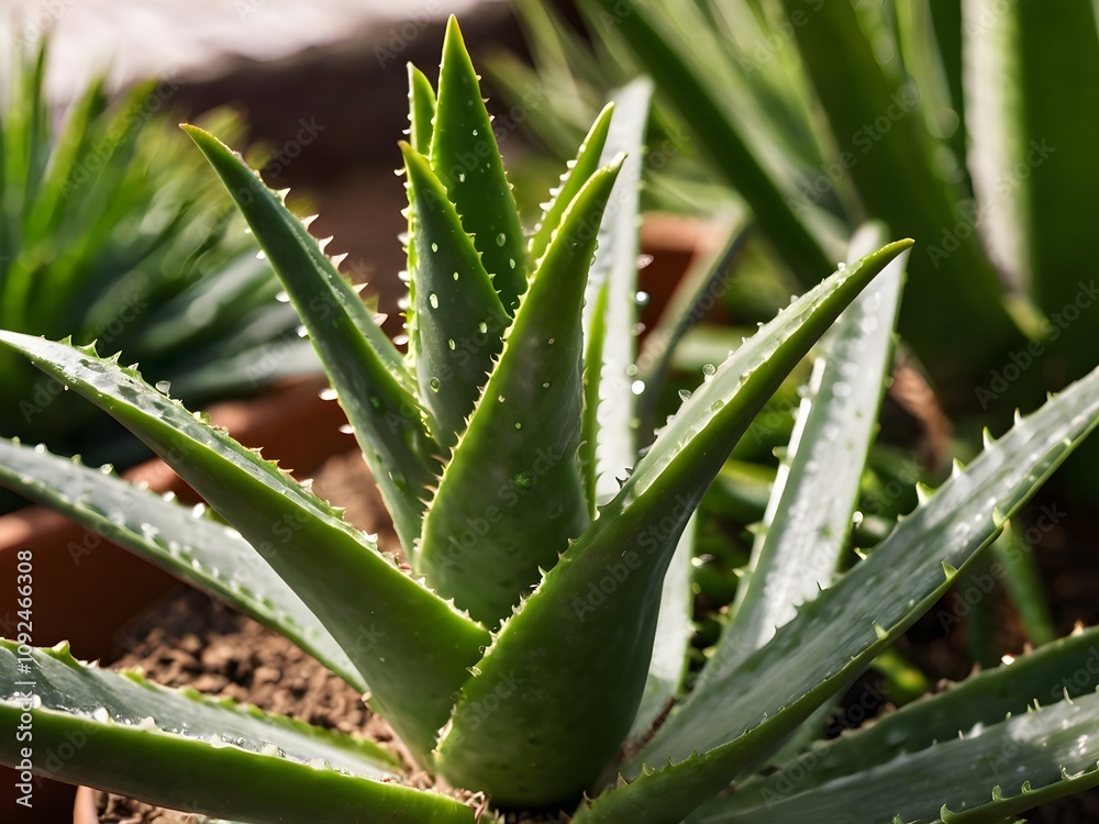Fototapeta premium A lush aloe vera photographed at close range in a home garden