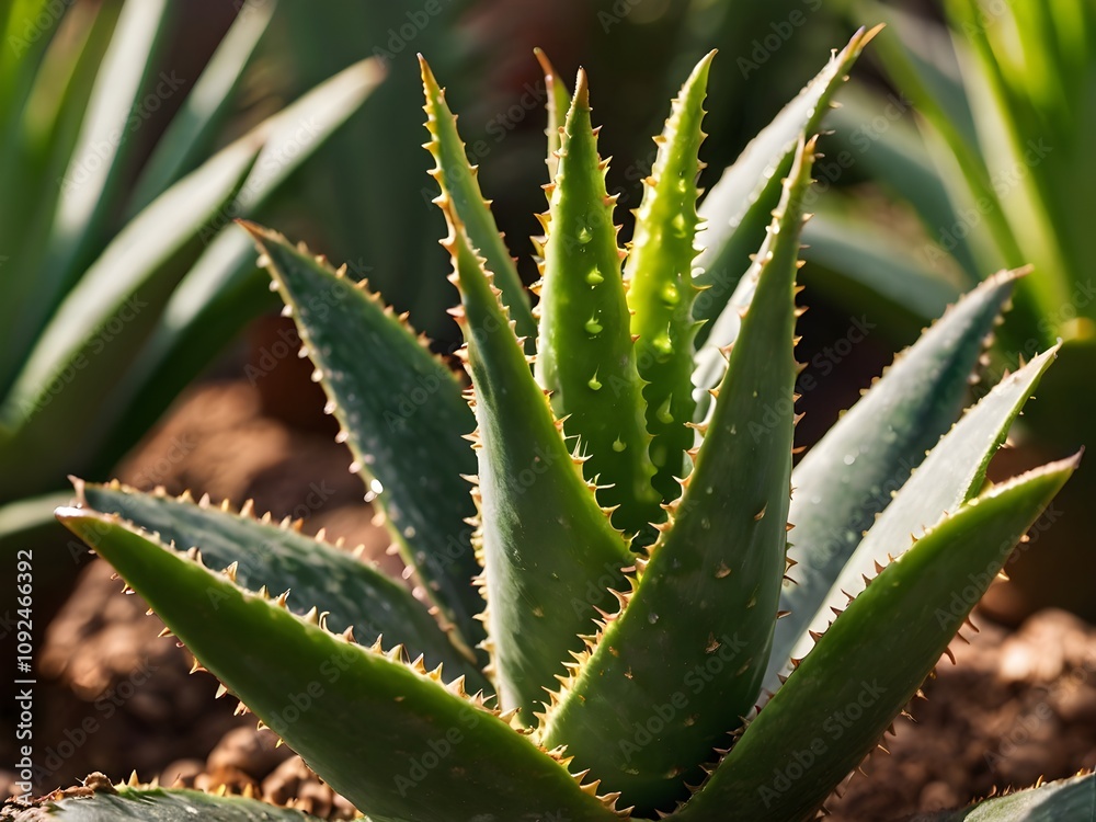 Fototapeta premium A lush aloe vera photographed at close range in a home garden