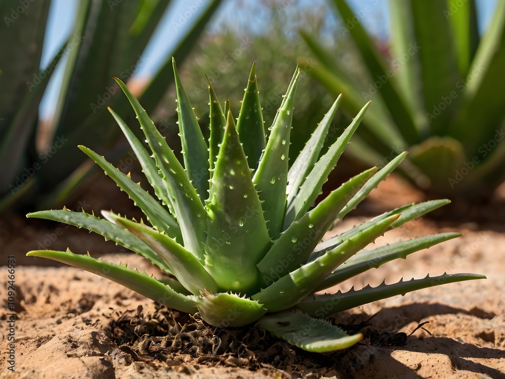 Obraz premium A lush aloe vera photographed at close range in a home garden