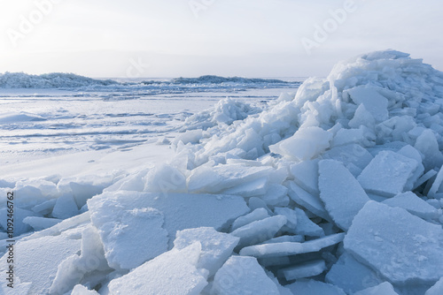 Bild auf Leinwand Winter landscape photography. Ice hummocks covered with snow