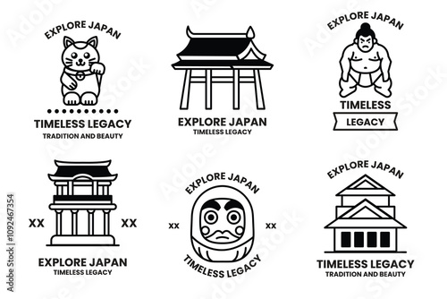 A set of different badges in concept of Explore Japan