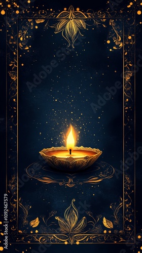 Luxurious Diwali Card with Gold Borders and Lamps