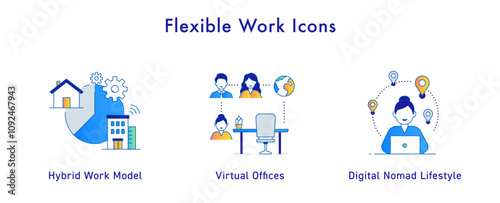 Flexible Work Icons: Icons Included: Digital Nomad Lifestyle, Hybrid Work Model, Virtual Offices. Gradient Style Icons.