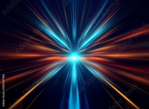 teal and red colour, motion blur light tails against black background