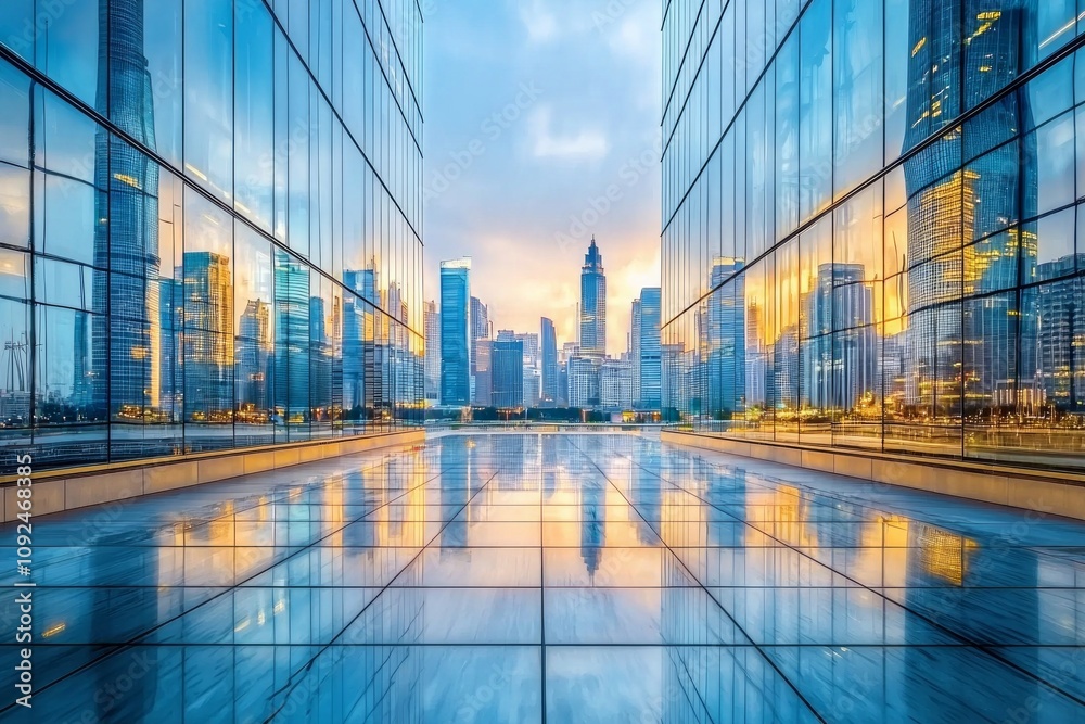 Fototapeta premium Modern Cityscape Reflection on Glass: Urban city skyline reflected on a building's glass facade, capturing a sleek, architectural perspective. 