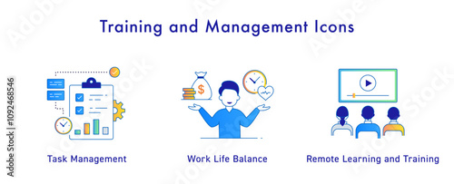 Training and Management Icons: Icons Included: Remote Learning and Training, Task Management, Work Life Balance. Gradient Style Icons.