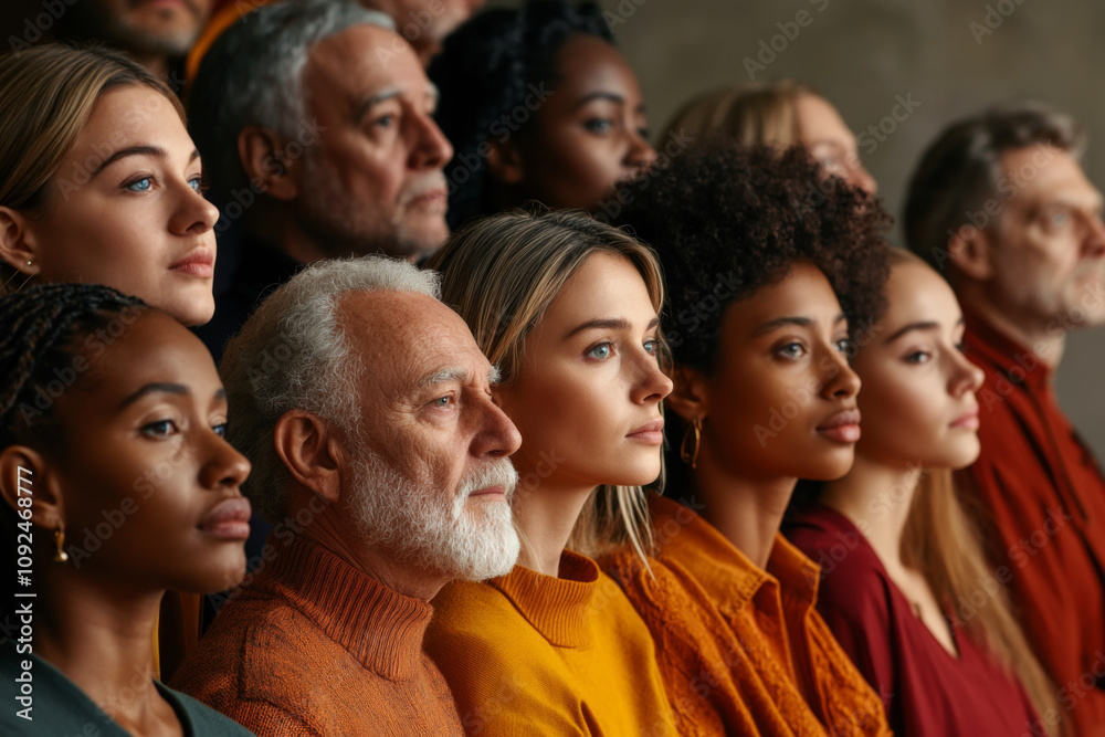 Fototapeta premium Diverse group of people in different ages and ethnicities stand together and looking forward. Diversity and multi ethnicity concept
