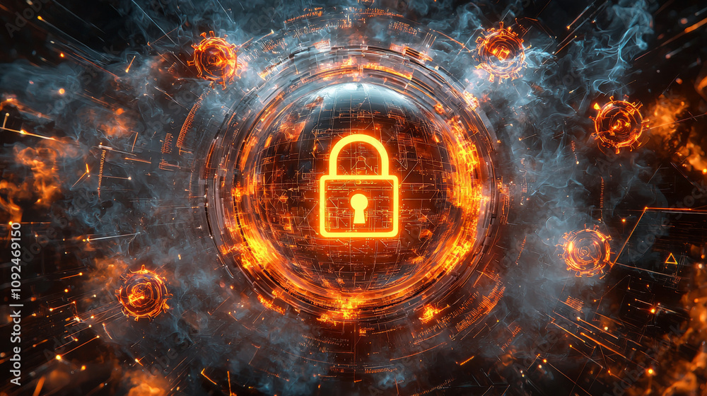 Obraz premium digital padlock surrounded by glowing orange elements and smoke, symbolizing cybersecurity and data protection. futuristic design evokes sense of security and technology