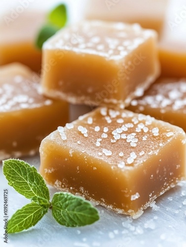 A stack of brown candies with a green leaf