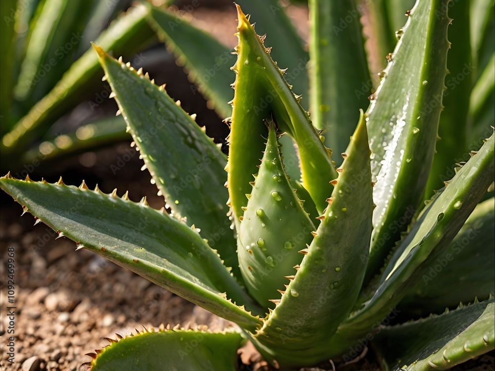 Fototapeta premium A lush aloe vera photographed at close range in a home garden