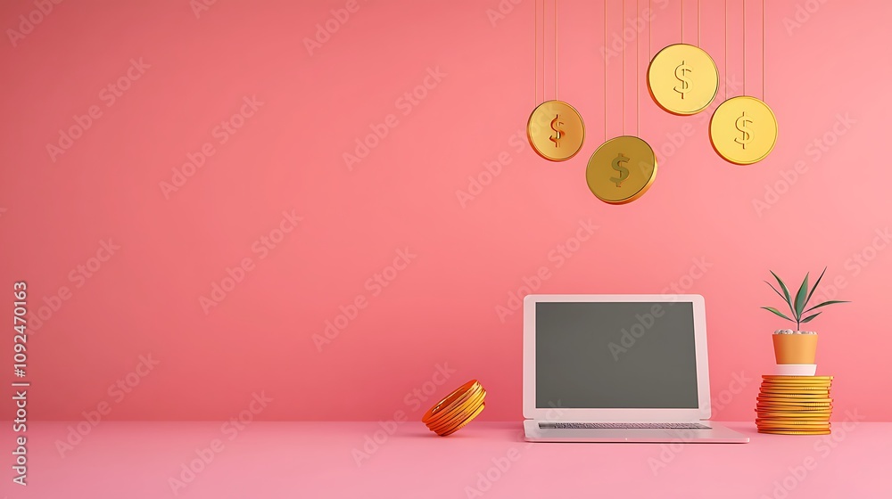 Modern Workspace with Coins and Laptop on Pink Background Modern Workspace with Coins and Laptop on Pink Background