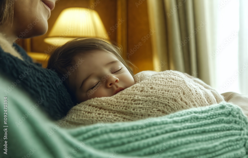Mother holding sleeping baby girl wrapped in a blanket Mother holding sleeping baby girl wrapped in a blanket