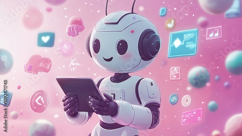 Robot holding a tablet amidst floating icons and colorful digital elements. Generative AI