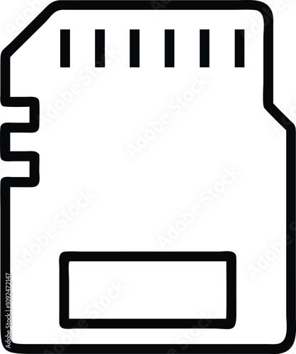 Minimalist SD Card Line Art Icon, Black-and-white line art illustration of an SD memory card, ideal for storage, technology, and device-themed visuals or materials.  
