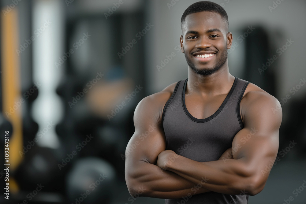 Fototapeta premium A male fitness trainer of African-American appearance in sportswear stands against the backdrop of the gym. Advertising banner.