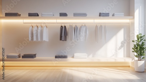 Minimalist clothing display with organized garments and plants.