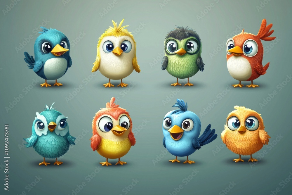 Obraz premium Playful Bird Character Icons for Kids Apps