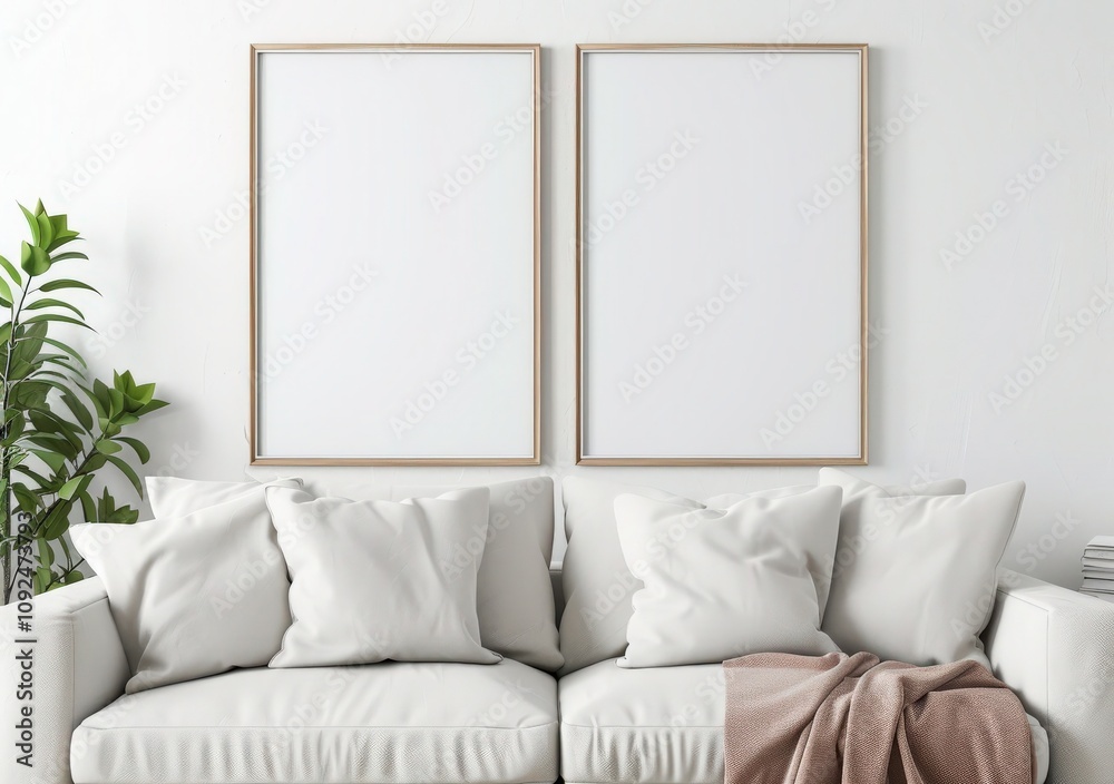 Two blank vertical frames mock-up on a white wall above a white sofa with pillows, blanket, and a large green plant Two blank vertical frames mock-up on a white wall above a white sofa with pillows, blanket, and a large green plant