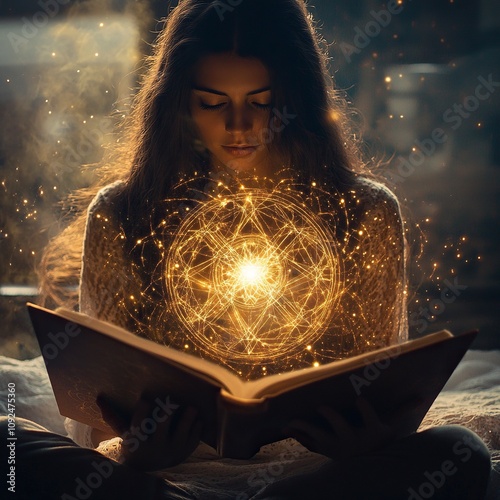 a woman reading a book that generates golden light with sacred geomatry generative ai photo