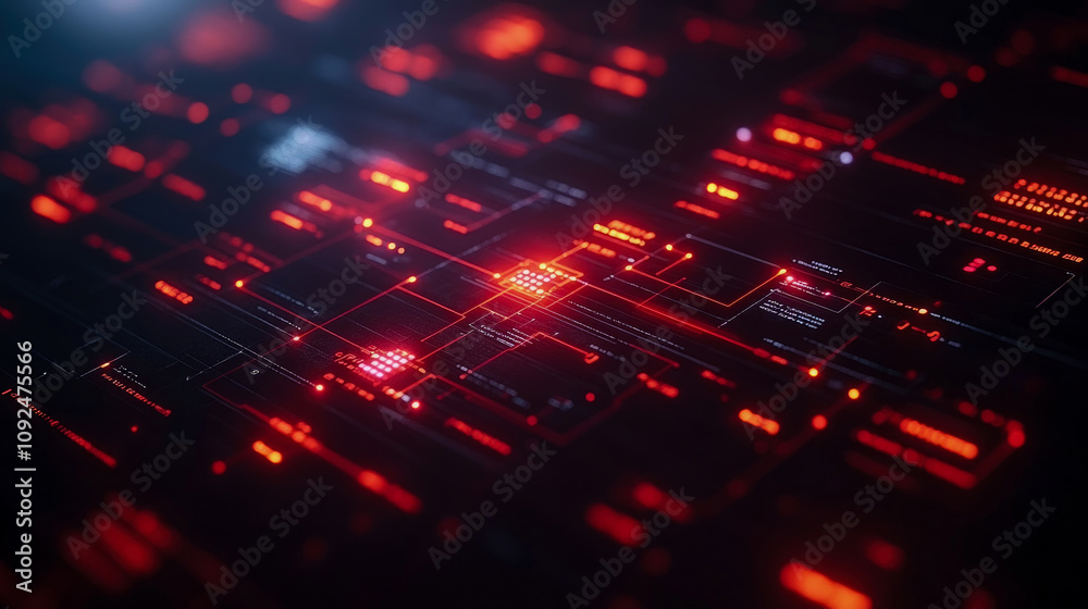 Intricate digital circuits glow with red patterns, showcasing the complexity of technological design at an advanced level during a nighttime setting Intricate digital circuits glow with red patterns, showcasing the complexity of technological design at an advanced level during a nighttime setting