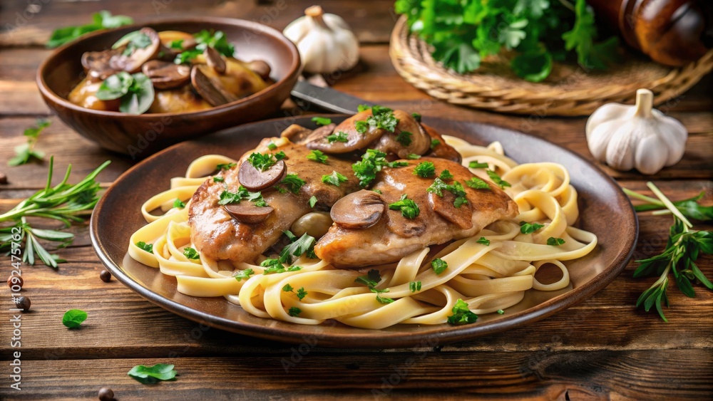 Delicious Chicken Marsala with Pasta - Exquisite Plate Presentation, Gourmet Dinner, Italian Cuisine, Comfort Food, Savory Dish, Tender Chicken, Culinary Delight, Restaurant Quality Delicious Chicken Marsala with Pasta - Exquisite Plate Presentation, Gourmet Dinner, Italian Cuisine, Comfort Food, Savory Dish, Tender Chicken, Culinary Delight, Restaurant Quality