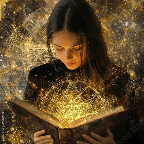 a woman reading a book that generates golden light with sacred geomatry generative ai photo