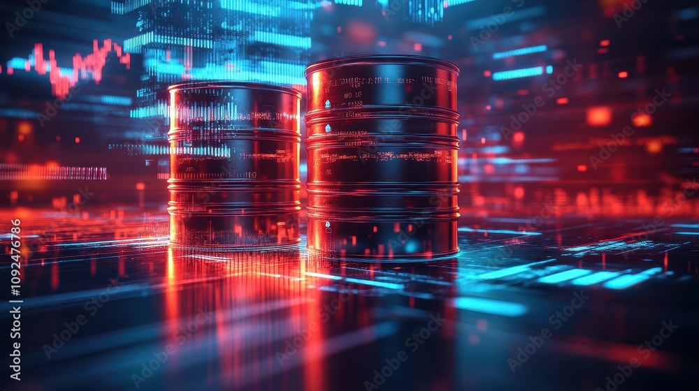 Fototapeta premium Crude Oil Trading Market Trends Concept, Digital Illustration of Oil Barrels Fading into a Bar Graph with a Futuristic Background in Vibrant Colors for Data Visualization and Oil Industry Themes