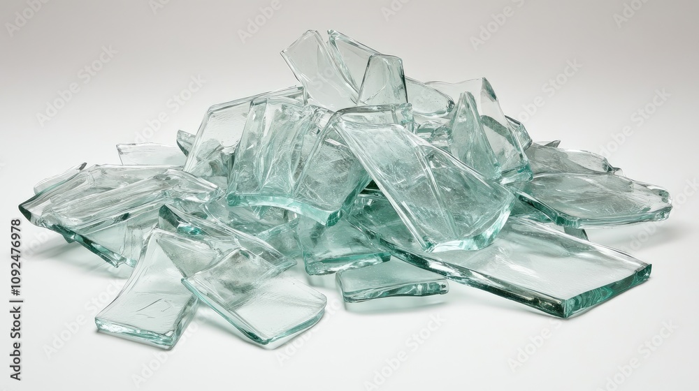 Obraz premium Fragmented shards of crystal-clear glass scattered haphazardly on a neutral background, creating an abstract composition that evokes feelings of chaos and beauty.