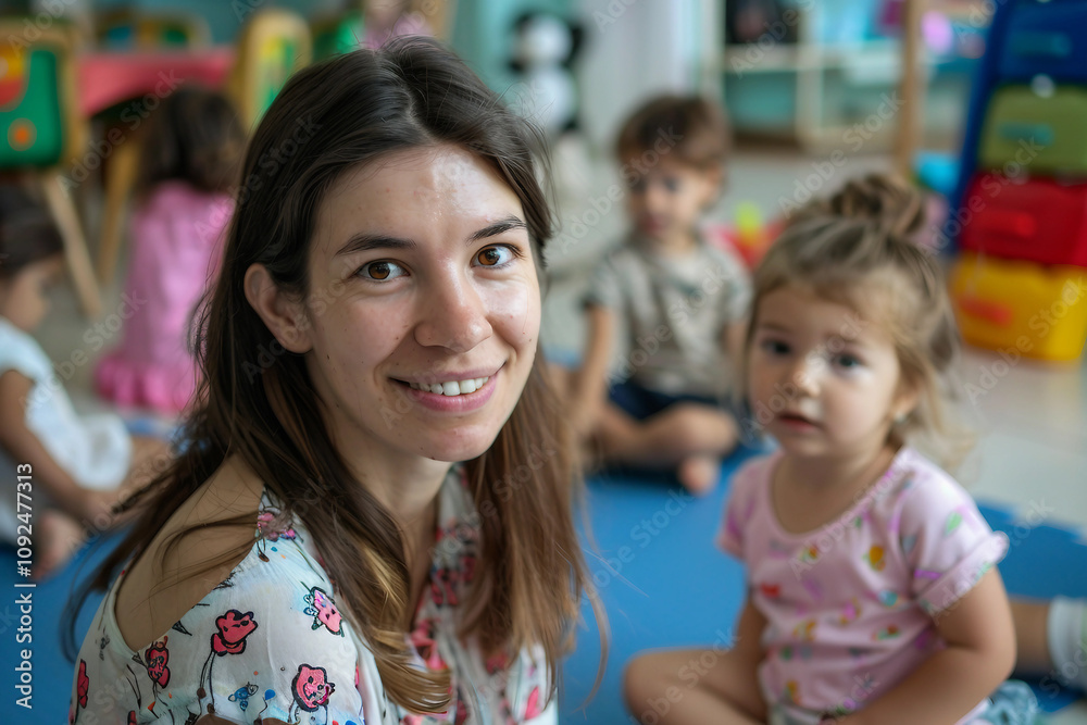 Fototapeta premium Generative AI Teacher Smiling in Kindergarten Classroom with Children