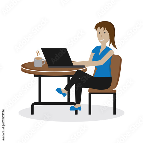 Business women work at computer desks cartoon logo