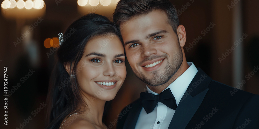A young couple, a man in a tuxedo and a woman in an evening dress, stand against the backdrop of a beautiful hall. Close-up. Holiday concept, holiday, new year. A young couple, a man in a tuxedo and a woman in an evening dress, stand against the backdrop of a beautiful hall. Close-up. Holiday concept, holiday, new year.