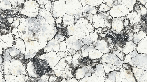A cracked and broken white and black stone wall
