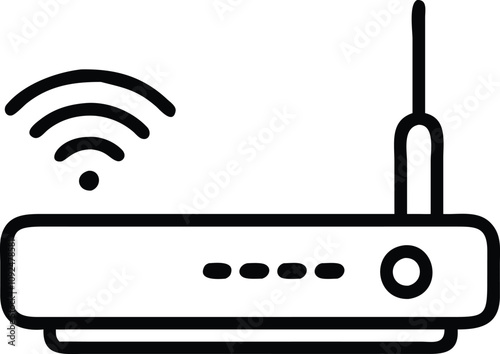 Minimalist Wireless Router Line Art Icon, Black-and-white line art illustration of a wireless router with an antenna and signal icon, ideal for networking and internet-themed visuals.  
