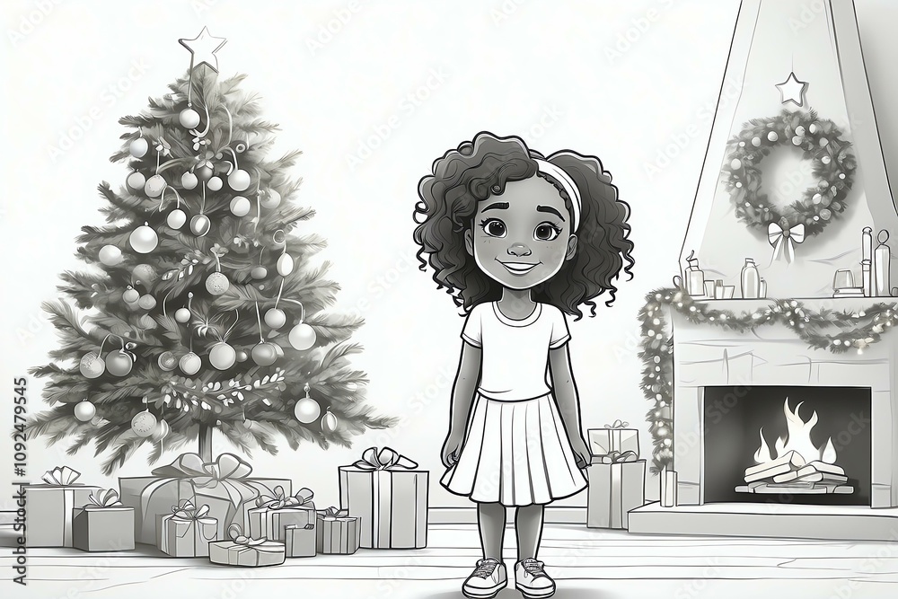 Black and white outline coloring book for kids. 5-year-old African American girl with twists, front of Christmas tree. Happy coloring page. In stock, cartoon style, clean line art.