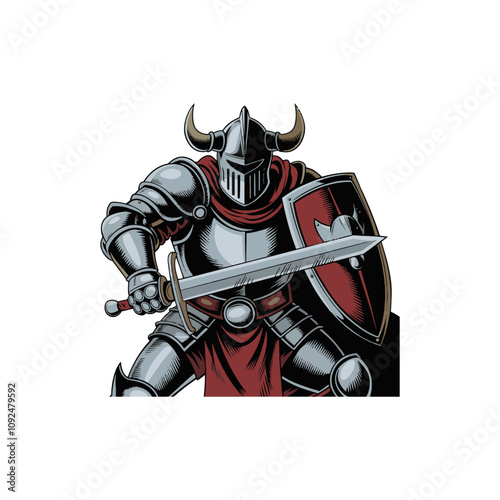 Dark Knight Stance with Shield and Sword, Black and White Epic Knight Character