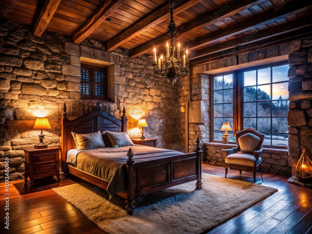 Fototapeta premium Majestic Winterfell Bedrooms - Practical Designs for Harsh Northern Winters, Silhouette Style, Cozy Atmosphere, Rustic Décor, Winter Aesthetics, Warm Lighting, Medieval Charm