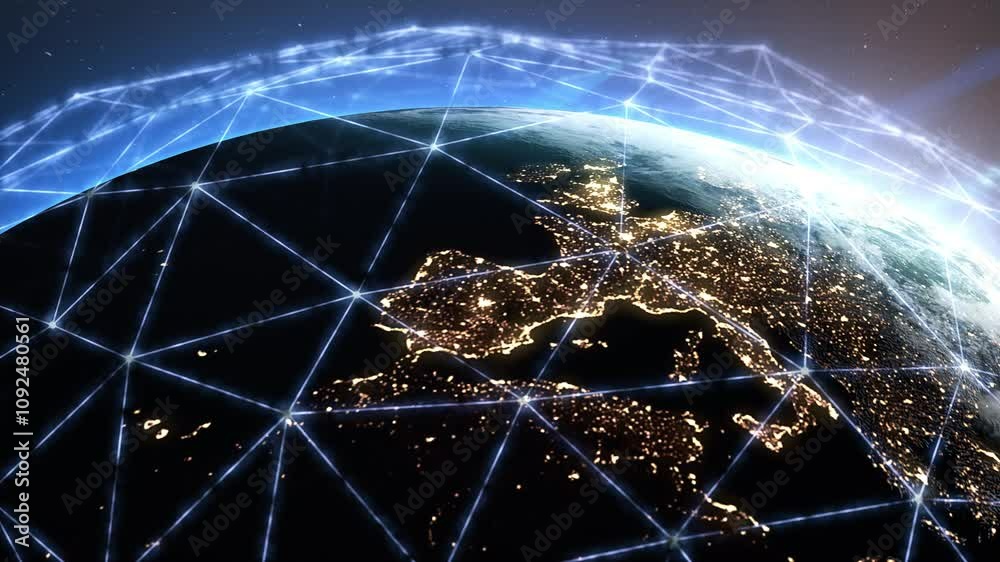 Social networking, media, global internet. Network is growing and covering the planet. Technology globe animation of the Europe. Data exchange, information sharing, global networking, data transfer. 