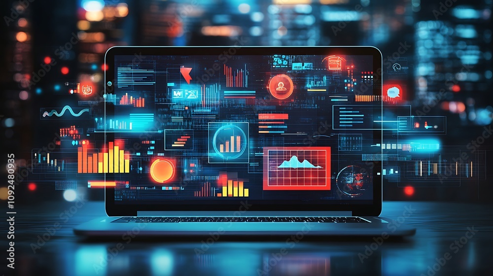 Fototapeta premium Laptop Displaying Dynamic Data Analytics and Visualizations